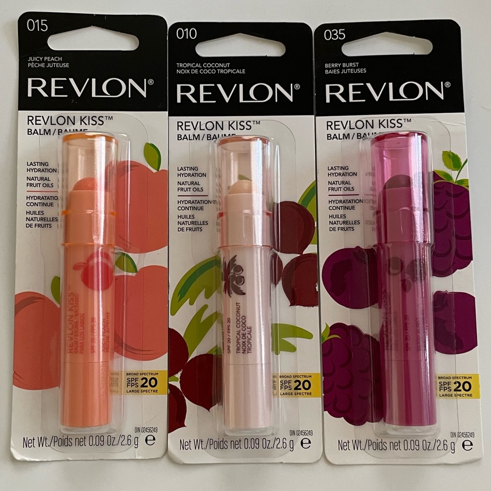 Revlon Kiss Lip Balm Lot of 3 Juicy Peach Tropical Coconut Berry Burst 0.09 oz